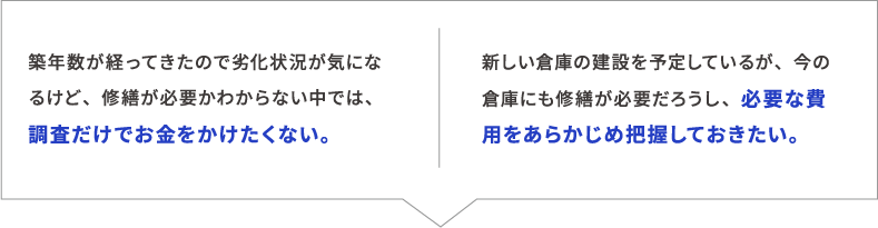 築年数が経ってきたので劣化状況が気になるけど、修繕が必要かわからない中では、調査だけでお金をかけたくない。新しい倉庫の建設を予定しているが、今の倉庫にも修繕が必要だろうし、必要な費用をあらかじめ把握しておきたい。